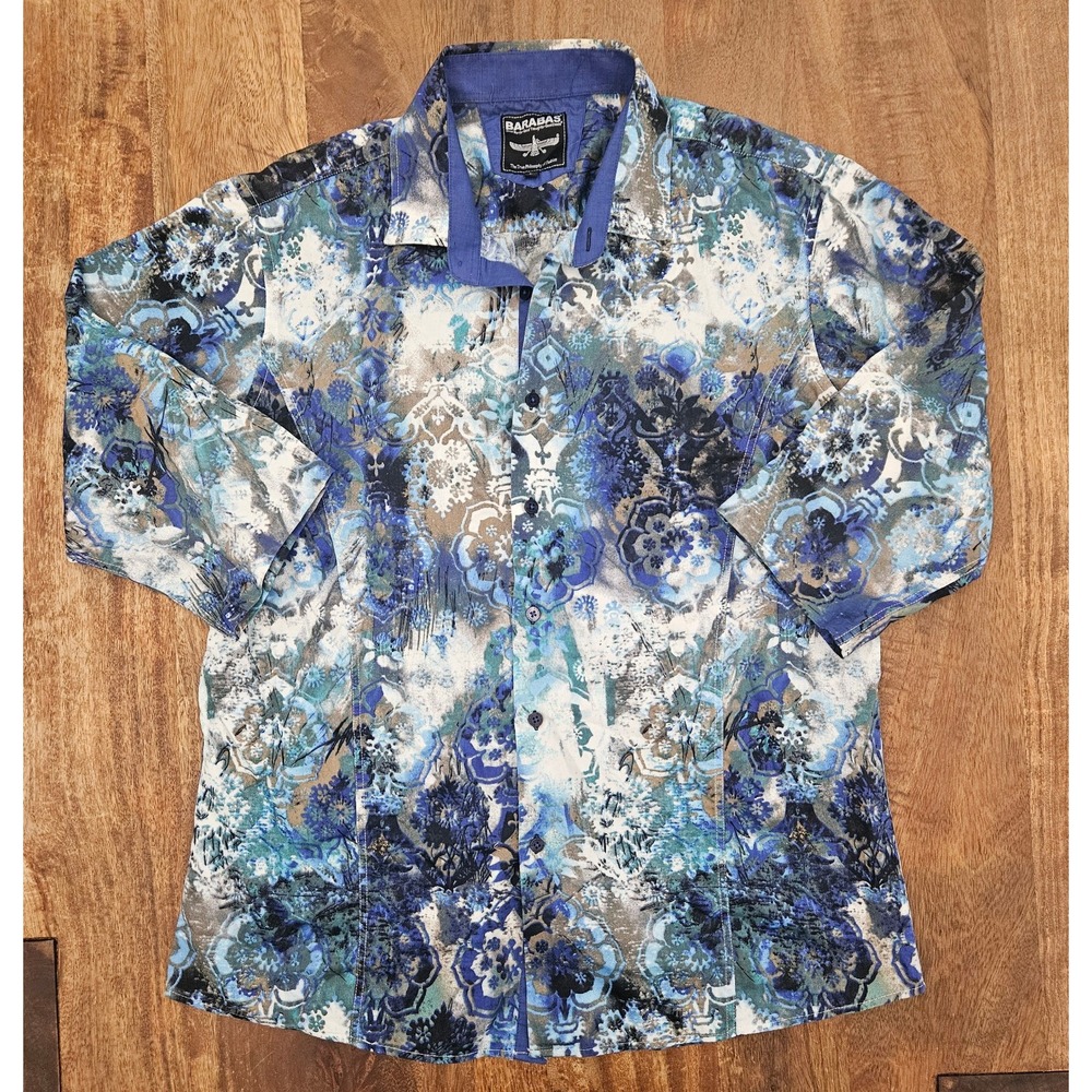 Barabas 3/4 Sleeve Button Up Shirt Mens Abstract Blue Large Floral Print